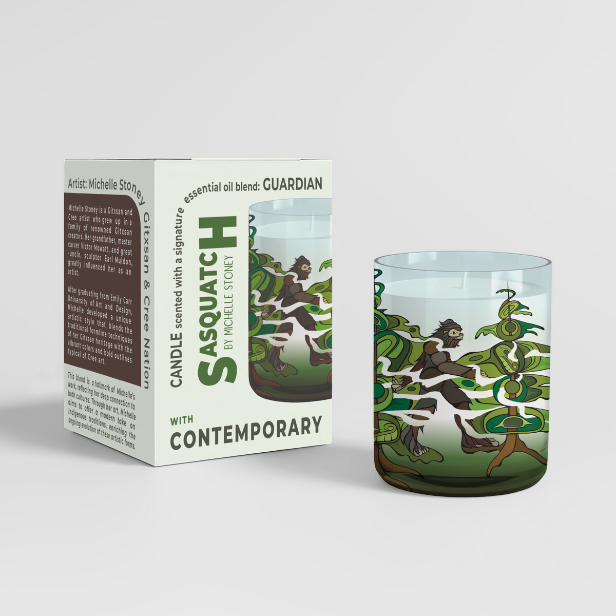 Scented Candle with 'Sasquatch' by Michelle Stoney (Gitxsan and Cree Nation)