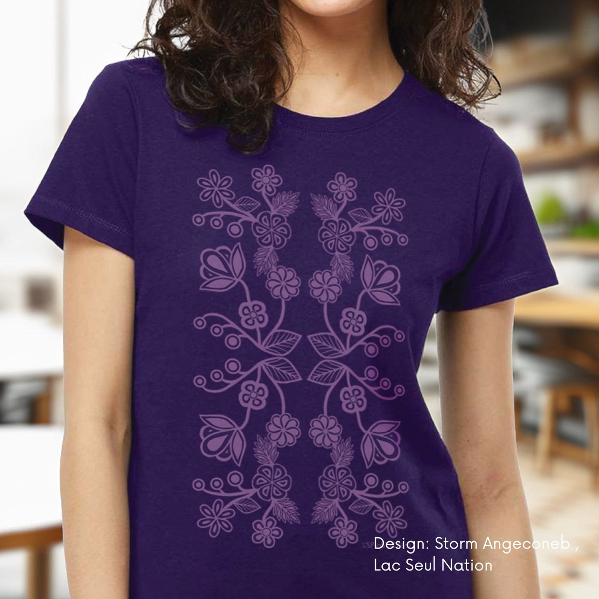 Ladies T-shirt with Ojibwe Florals Indigenous Design