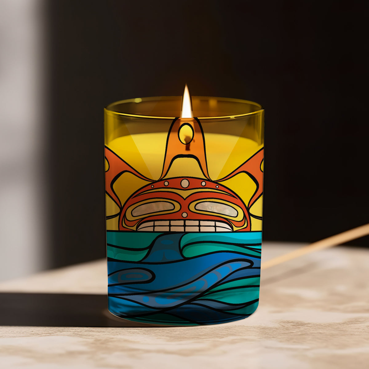 Scented Candle with 'Sun & Orca' by Michelle Stoney (Gitxsan and Cree Nation)