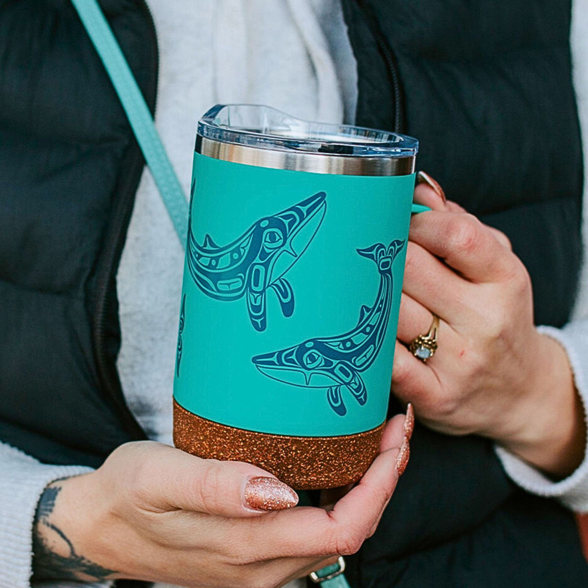 Travel Mug with Handle w/ Contemporary Indigenous Design (16 oz)